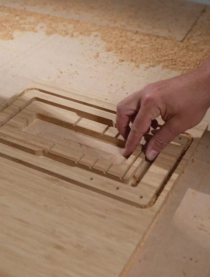 Hand-sanded bamboo edge of the Levelty stand