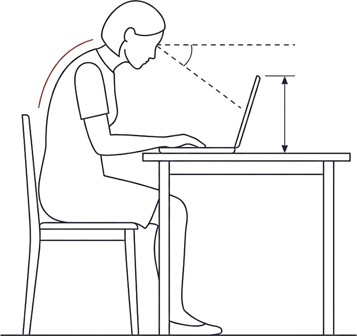 Line drawing of a person seated at a desk with their head tilted forward to look down at a laptop screen, showing the vertical gap between eye level and the screen